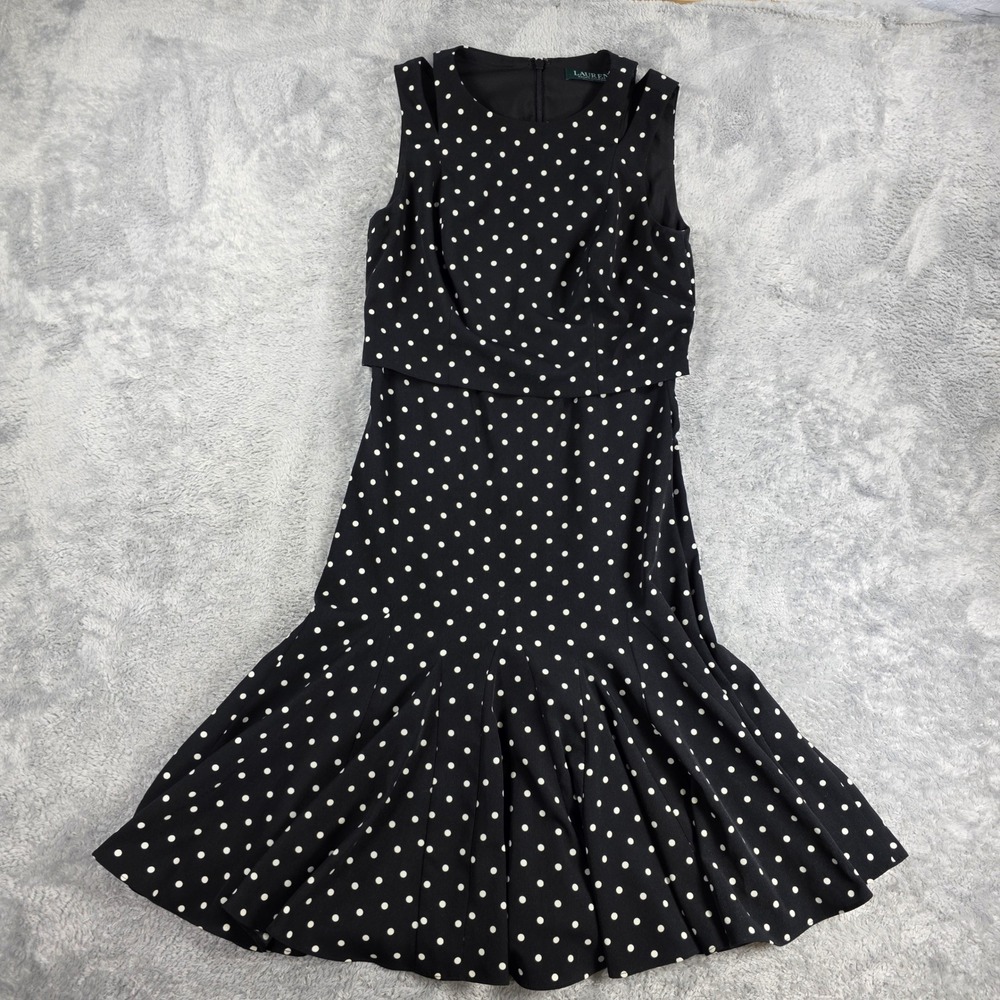 Lauren Ralph Lauren Polka Dot Fit & Flare Midi Dress Black 0 Preppy Office Mod